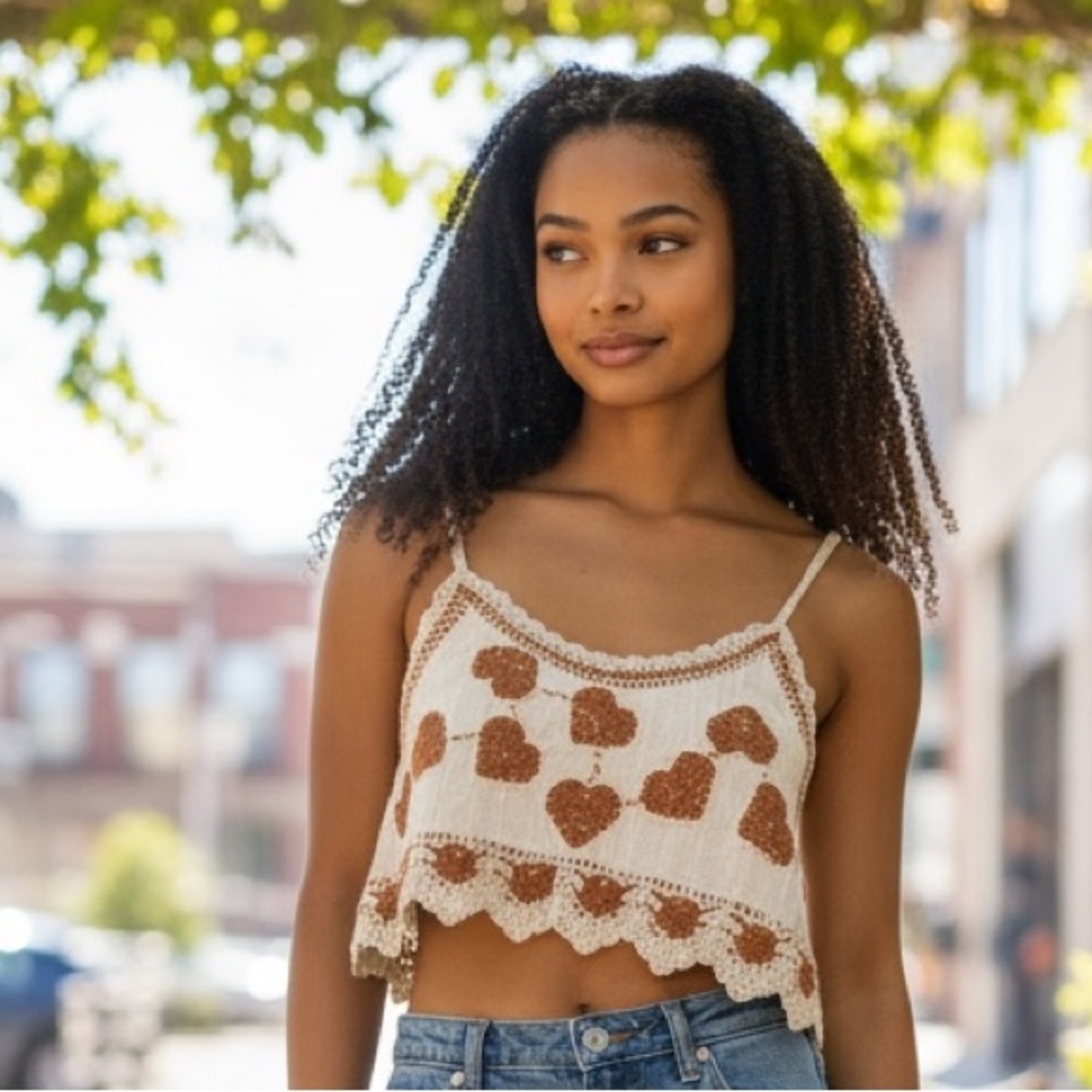 POL Cream and Brown Crochet Tank Top